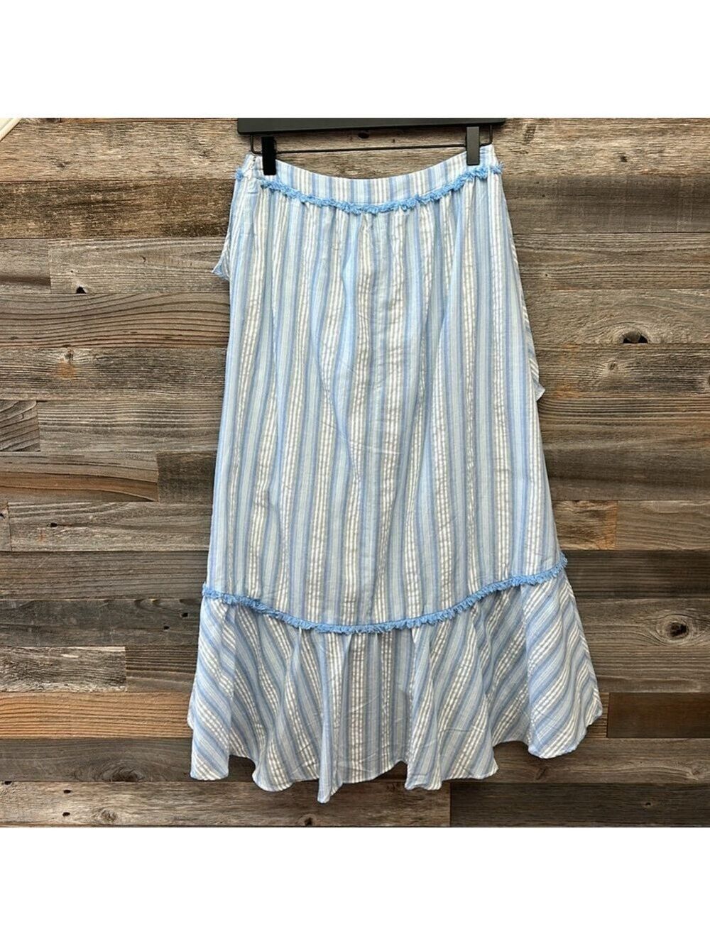 Moon River NWOT Light Blue Striped Ruffle Fringe High Low Maxi Skirt 100% cotton - Picture 5 of 12